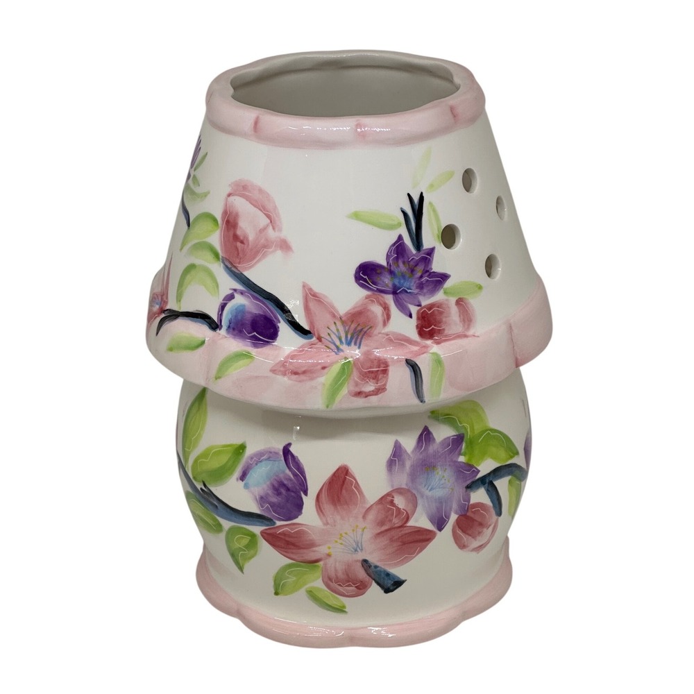VTG Hand Painted Floral Ceramic Candle Holder Lamp Shade White Pink Purple